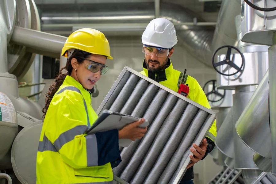 Two workers handling an industrial air filter.